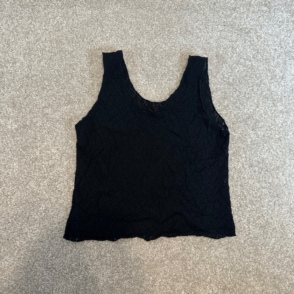 Vintage Black Sheer Floral Lace Tank Top One Size Stretch Made in USA Camisole